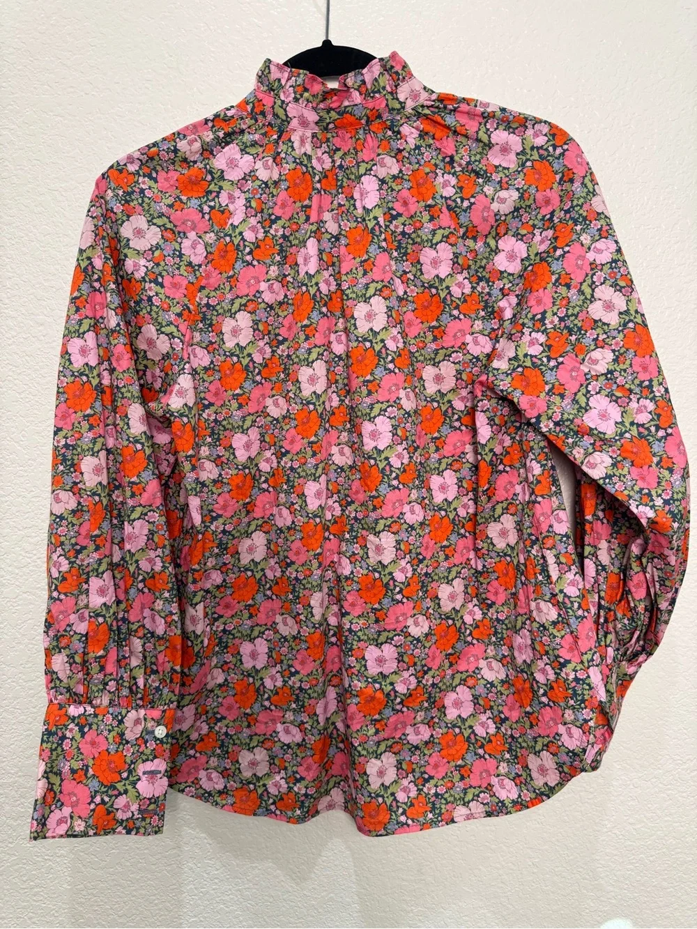 J.Crew Liberty London Floral Shirt Womens 4 Pink Orange Button Up Ruffle Neck